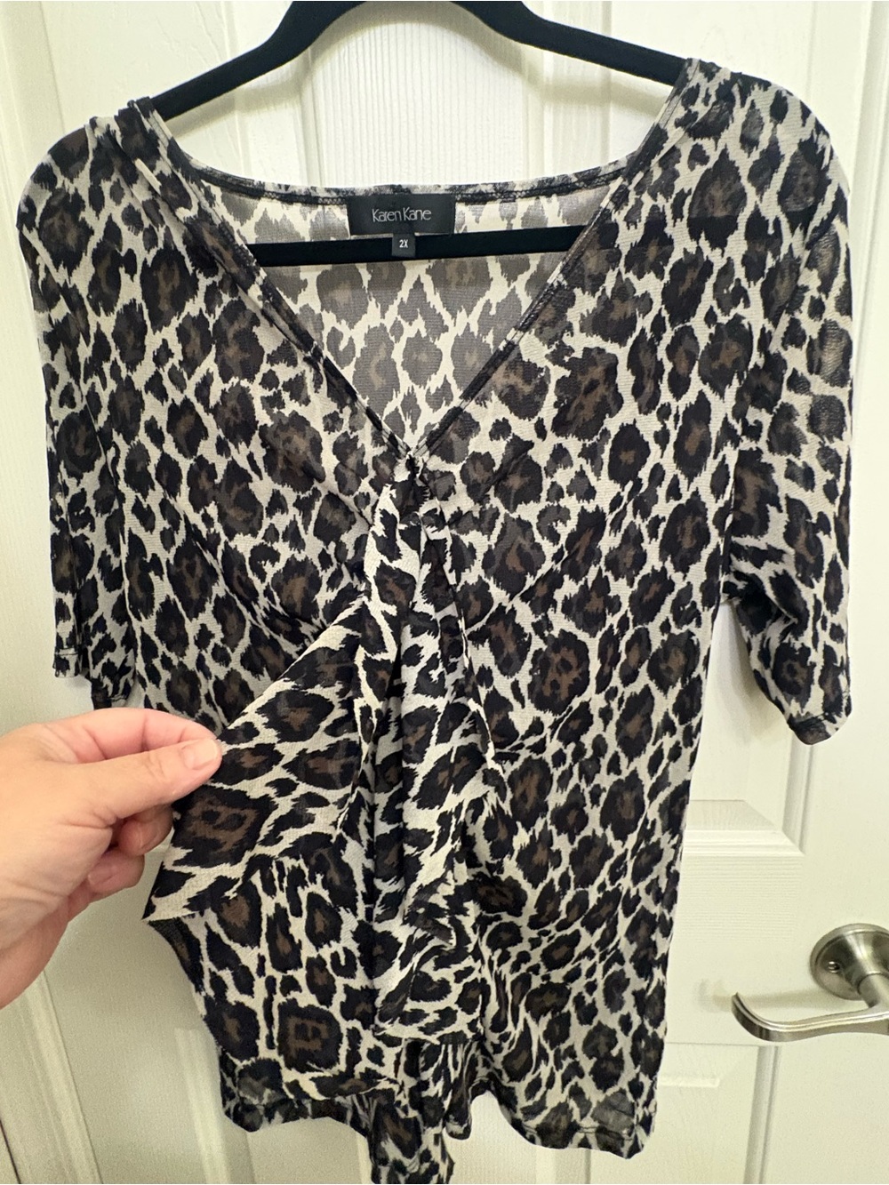 Karen Kane Leopard Print Short Sleeve Top - Black & Brown -Sheer